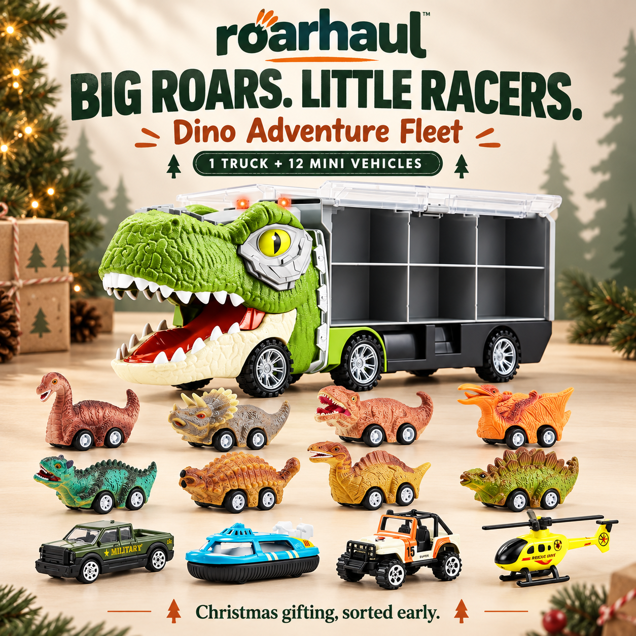 RoarHaul T rex carrier and its complete fleet of twelve mini vehicles