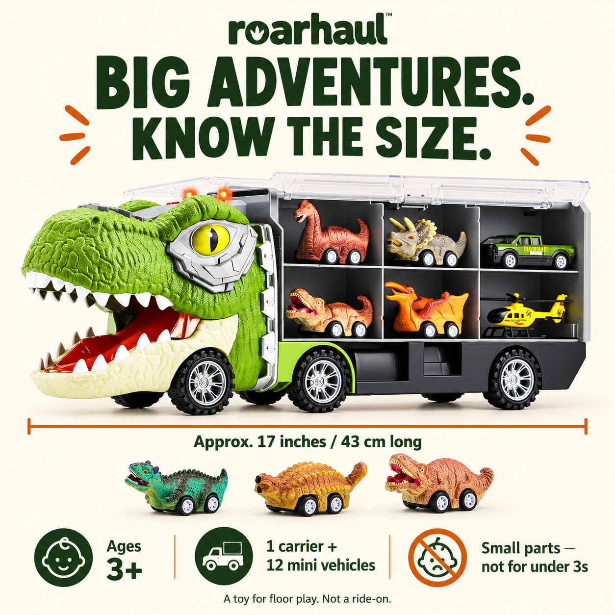 RoarHaul carrier, approximately 17 inches long, for ages three and up