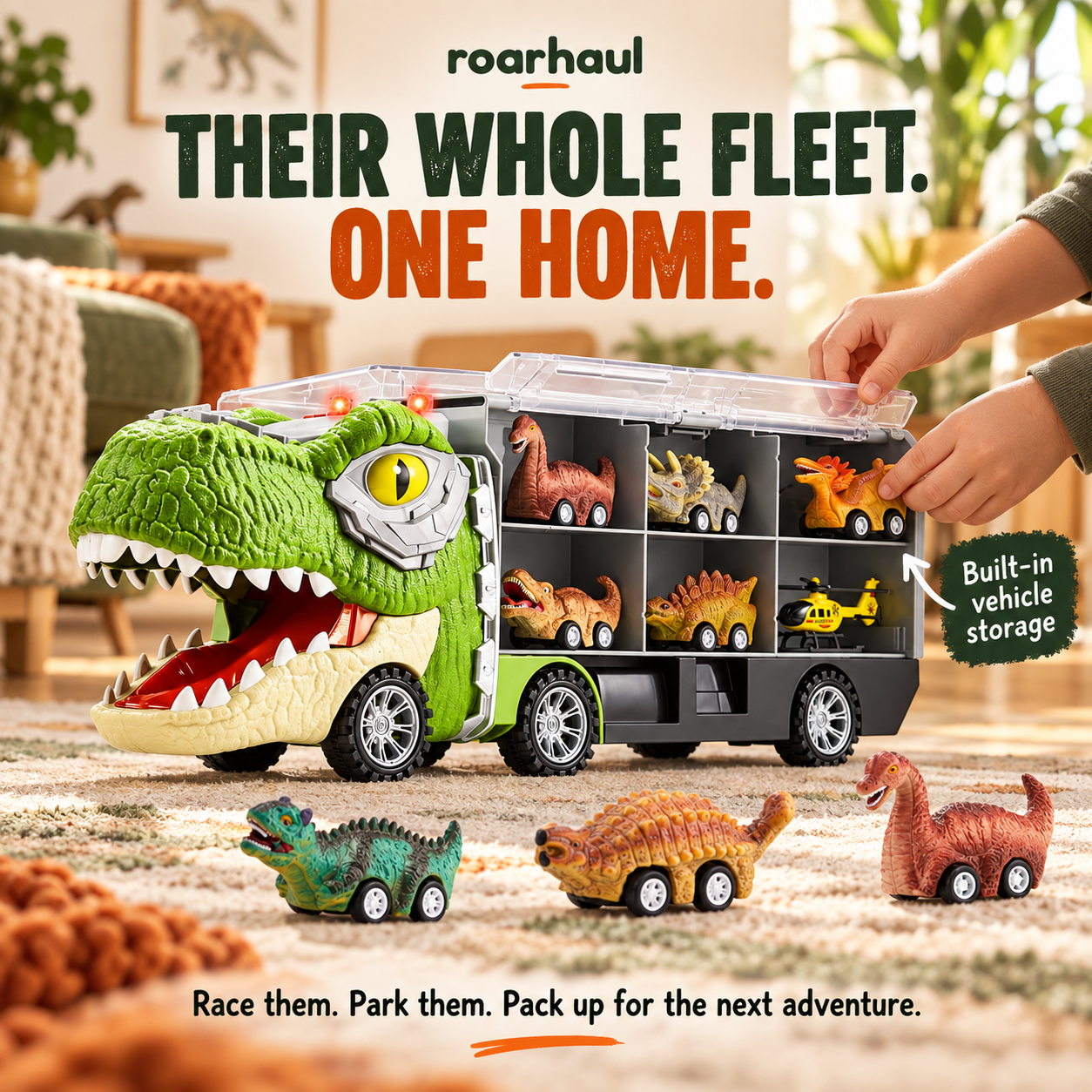 Small dinosaur vehicles being parked in the carrier compartments